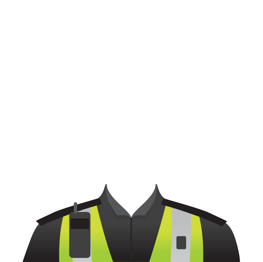 Illustration of a torso wearing a security guard uniform. The outfit includes a high-visibility neon vest over a black shirt, with a walkie-talkie attached to the shoulder. The background is plain white.