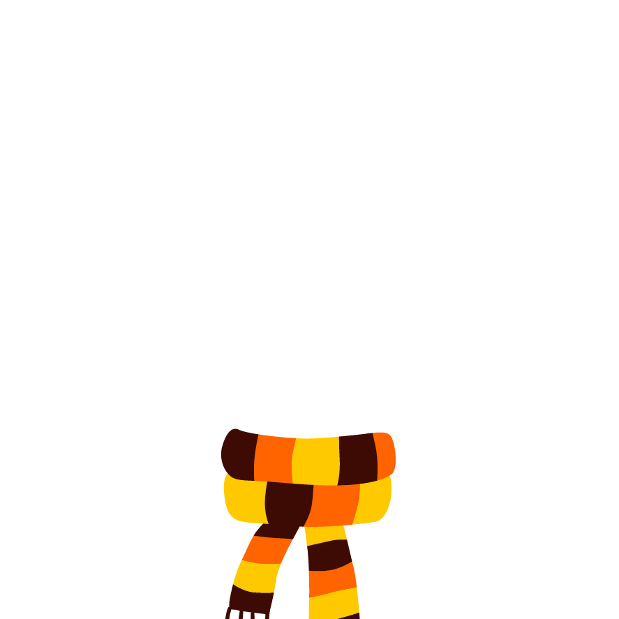 Illustration of a knitted scarf with horizontal stripes in orange, black, and yellow. It is looped in a casual knot, set against a plain white background.