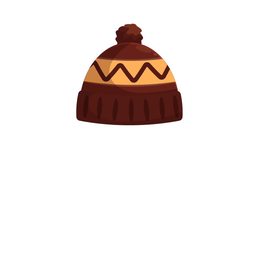 Illustration of a brown winter beanie with a pom-pom on top. The beanie features a yellow stripe with a zigzag pattern around it.