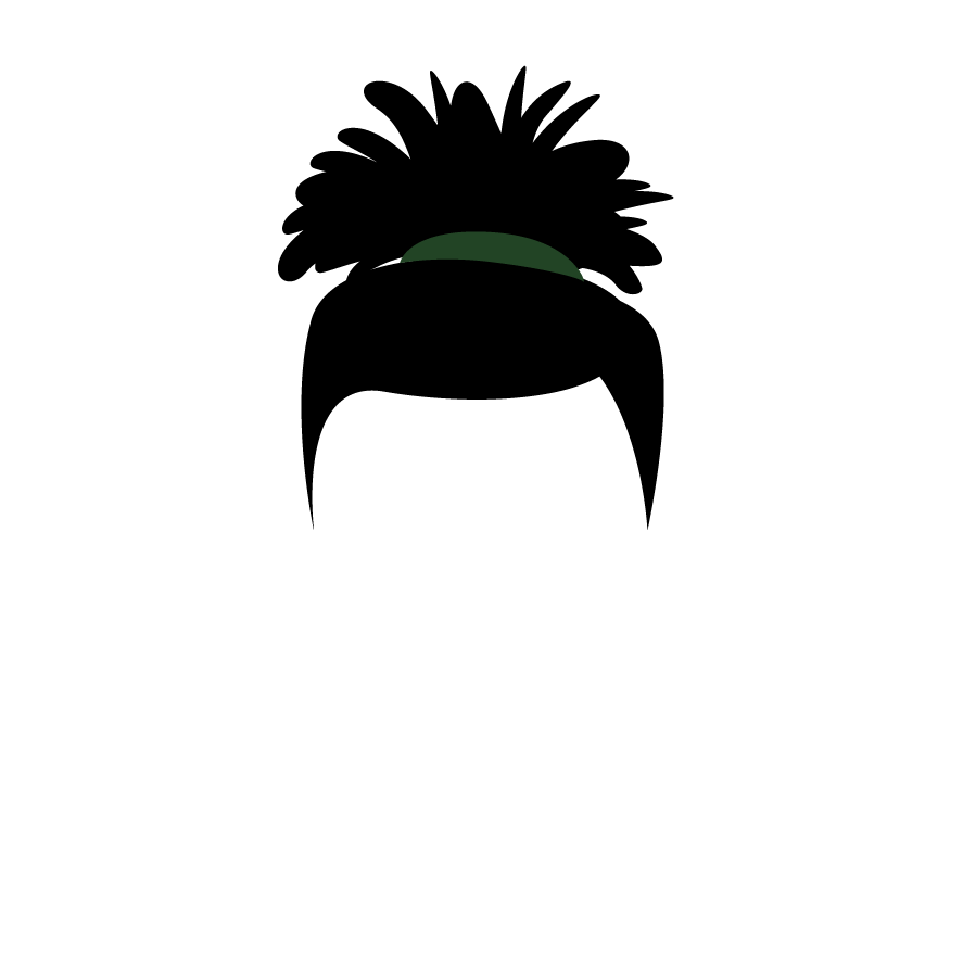 Silhouette of a hairstyle featuring a bun or topknot with spiky edges, secured with a dark green headband. The image is minimalist with no facial details.