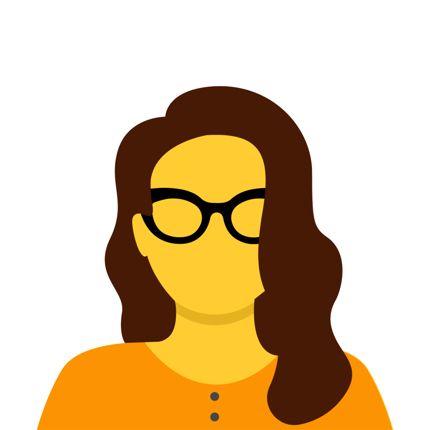Illustration of a person with long brown hair wearing black glasses and an orange shirt. The style is minimalist with a yellow skin tone, and the person is depicted against a white background.