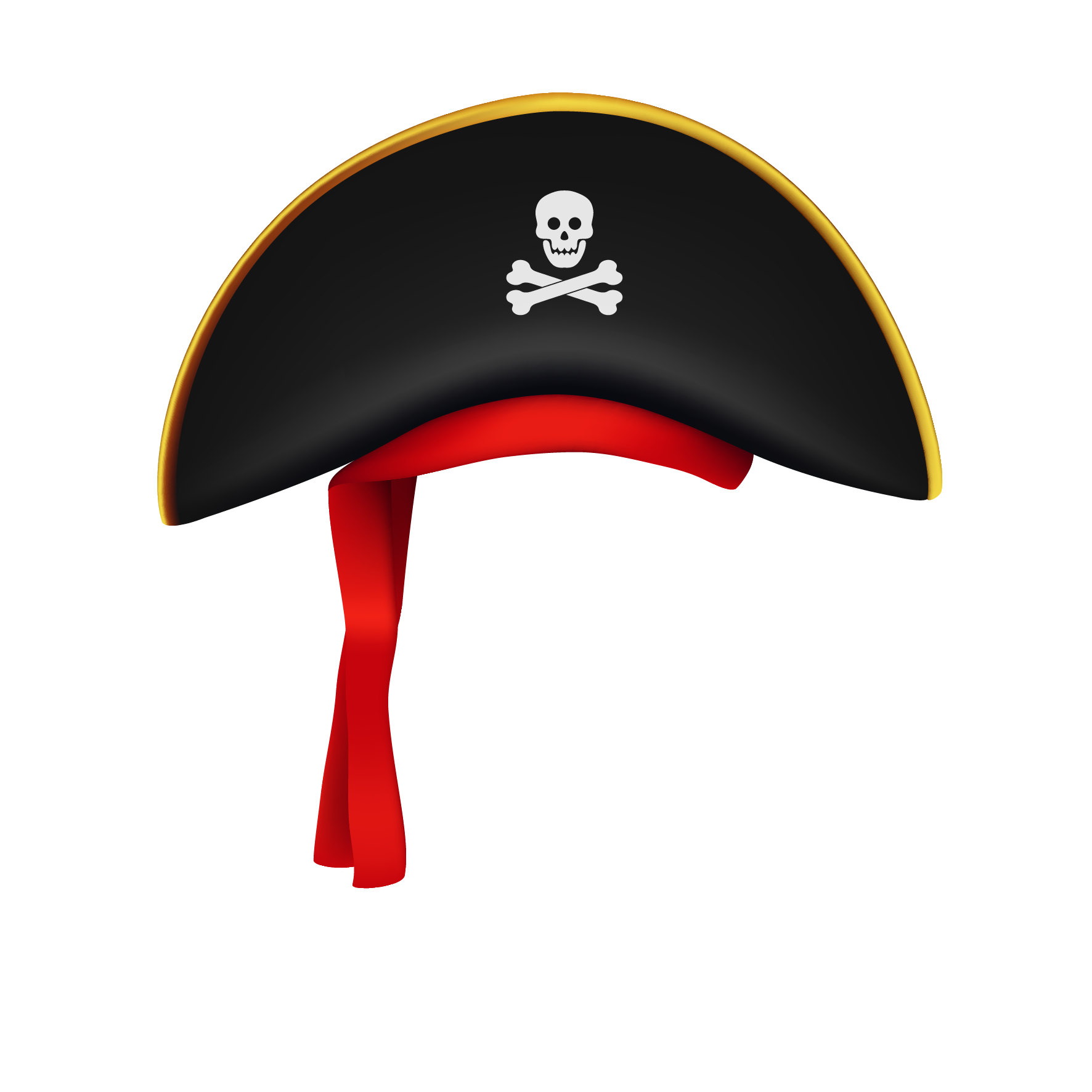 A black pirate hat with a golden trim and a red sash hanging from it. The hat features a white skull and crossbones emblem on the front.
