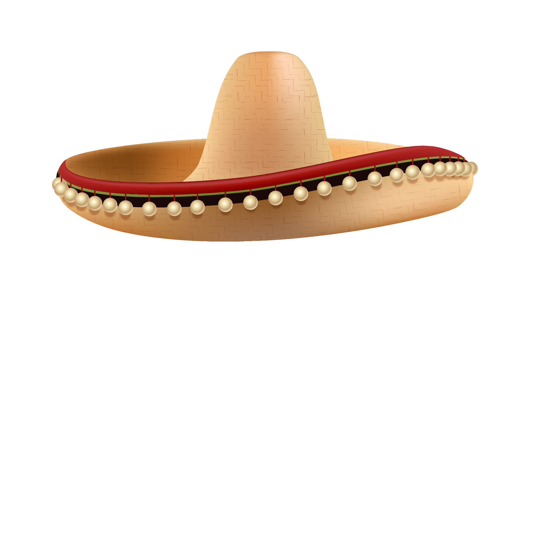 Illustration of a traditional beige sombrero with a wide brim. The hat is decorated with a red band and a row of small beige pom-poms around the edge.