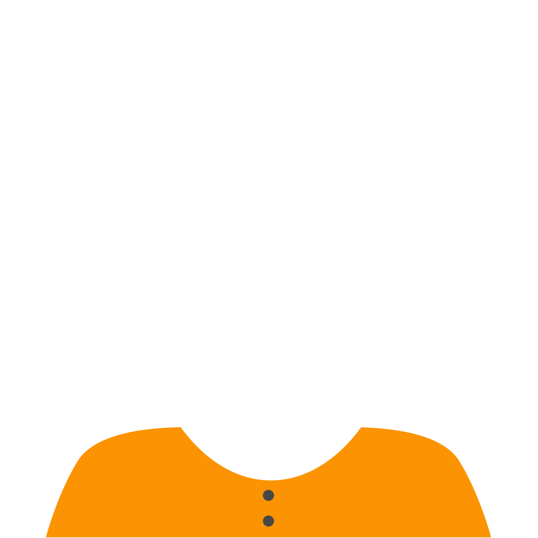 Orange shirt with a round collar and two black buttons on a white background.