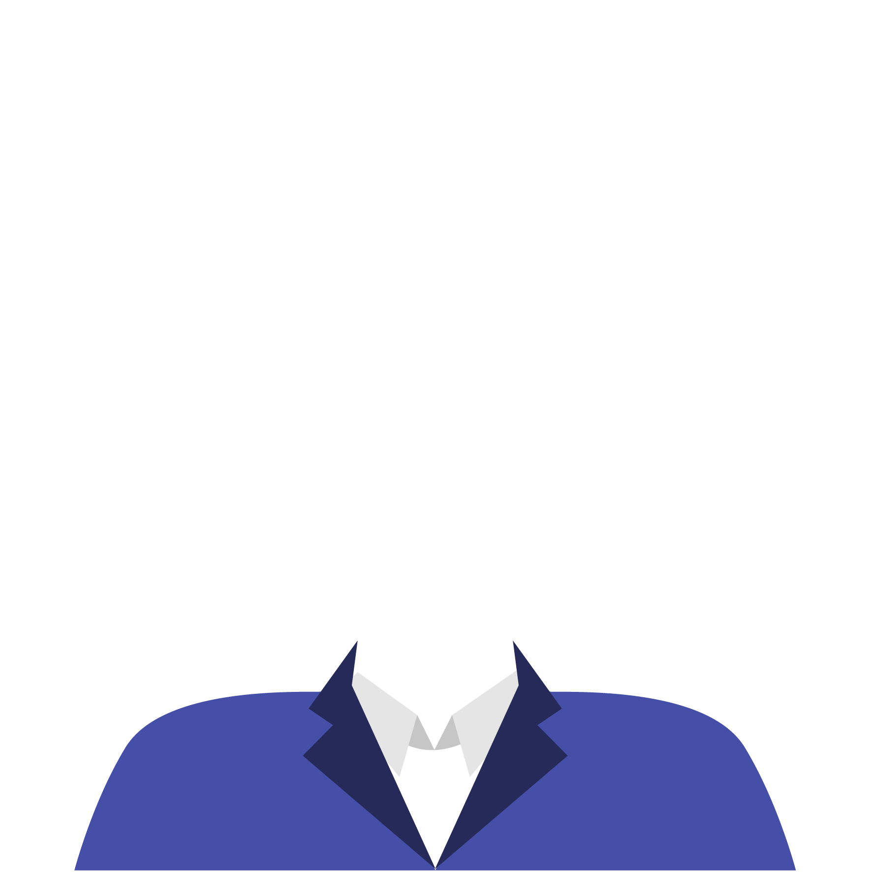 Illustration of a formal suit with a blue jacket, white shirt, and gray tie shown on a white background, missing a head and body.