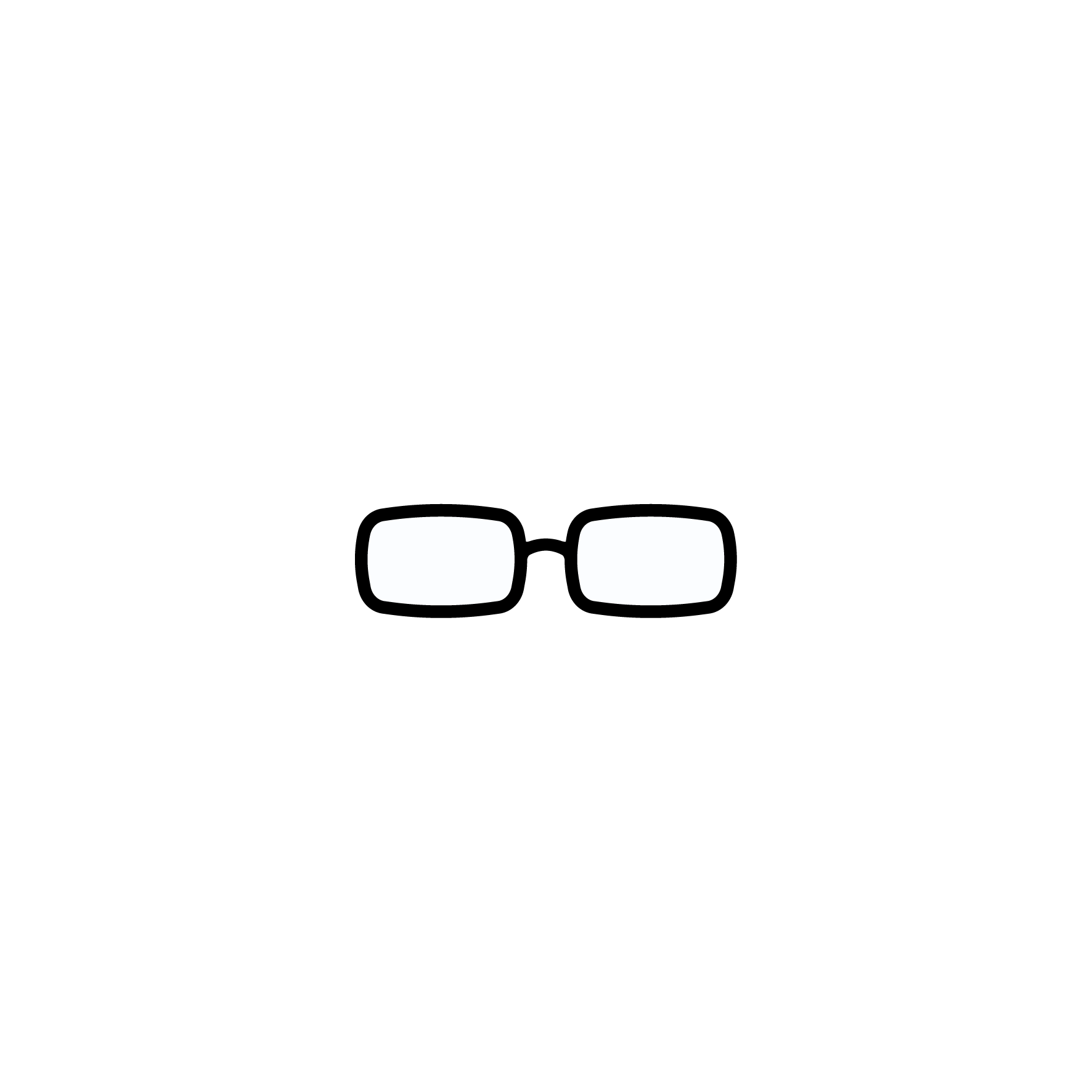 A simple drawing of rectangular eyeglasses with black frames and light blue lenses, shown on a plain white background.